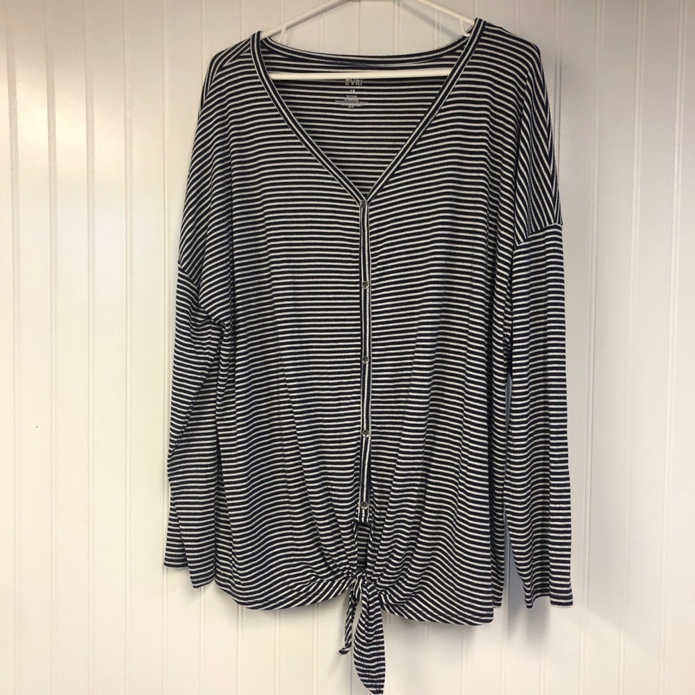 Evri Navy and White Striped Women's Top Textured Button Toe Front 1X